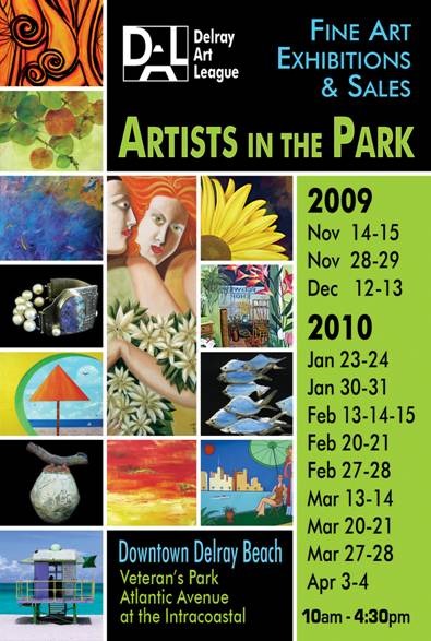 poster for artists in the park in delray beach, with schedule for the season