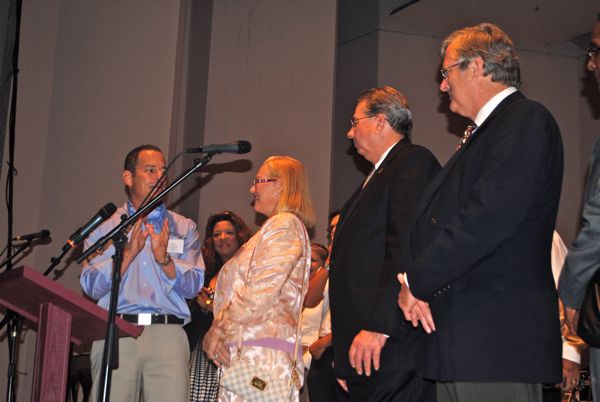 Delray Center board Chairman Scott Porten, left, introduces Frances Borque, chair emeritus and the visionary behind Old School Square.