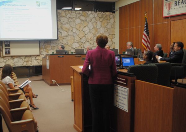 Executive Director Marjorie Ferrer of the Downtown Development Authority gives Delray Beach city commissioners an update on the accomplishments and goals of the DDA Tuesday evening.