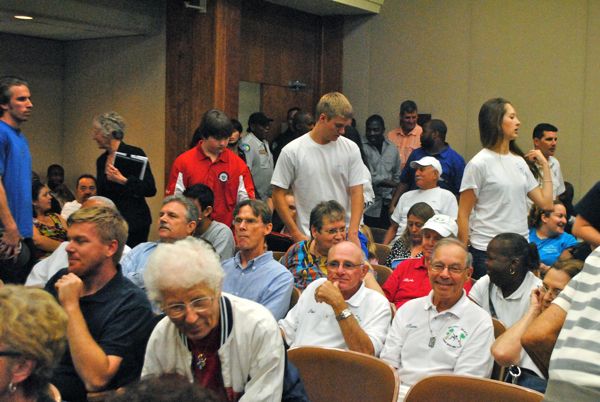 The audience at Tuesday's Delray Beach city commission meeting filing in. Most were city employees and most voiced support for the fire service fee. 