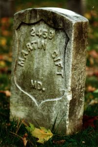 the grave marker of Martin Gift at Antietam National Battlefield in Maryland. Gift,